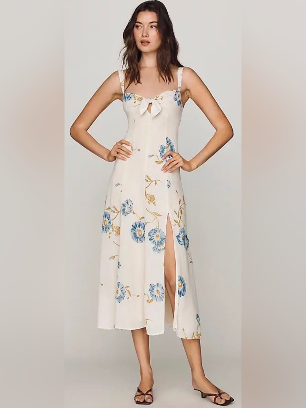 Reformation Ivory Midi Dress with Blue Floral Print